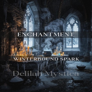 Può includere: Immagine di arte digitale di una scena mistica con il testo "ENCHANTMENT WINTERBOUND SPARK Delilah Mystica". Un tavolo di pietra contiene un calderone, candele e bottiglie di vetro. La scena è ambientata in una stanza di pietra con finestre ad arco e ghiaccioli.