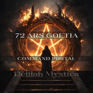 Könnte beinhalten: Digitales Kunstwerk mit einem feurigen Pentagramm in einem verdrehten, astähnlichen Rahmen. Der Text "72 ARS GOETIA COMMAND PORTAL" wird über einer Figur in dunkler Robe mit dem Namen "Delilah Mystica" darunter angezeigt.