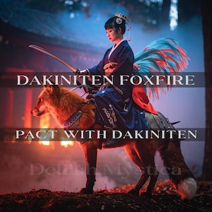 Könnte beinhalten: Eine Frau in einem blauen Kimono reitet auf einem Fuchs mit einem Schwert. Der Fuchs hat einen blau-roten Schwanz. Der Text auf dem Bild lautet "DAKINITEN FOXFIRE" und "PACT WITH DAKINITEN". Das Bild hat ein mystisches Thema.