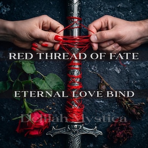 Könnte beinhalten: Ein silbernes Schwert, umwickelt mit rotem Faden, mit dem Text "RED THREAD OF FATE" und "ETERNAL LOVE BIND". Eine rote Rose und andere florale Elemente sind im Bild.