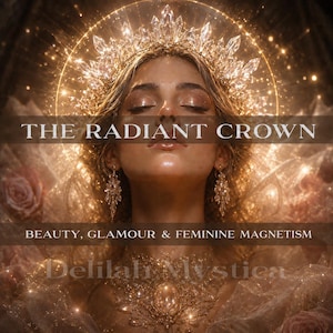 May include: A gold crown featuring clear crystalline points, worn with ornate gold drop earrings and a matching gold necklace with a central stone. The text reads THE RADIANT CROWN, BEAUTY, GLAMOUR & FEMININE MAGNETISM, and Delilah Mystica.