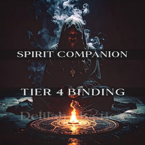 Puede incluir: Imagen artística de una figura encapuchada con una llama y humo. El texto "SPIRIT COMPANION" y "TIER 4 BINDING" se muestra. La imagen tiene un tema oscuro y místico.