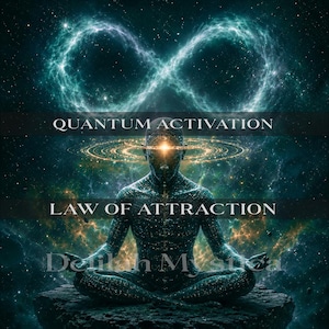 May include: Digital art featuring a meditating figure with a glowing aura, set against a cosmic background with an infinity symbol. Text reads "Quantum Activation" and "Law of Attraction".