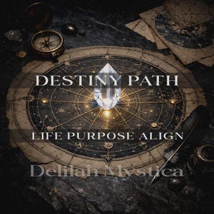 Puede incluir: Una composición artística con un cristal central que irradia luz, sobre un fondo de rosa de los vientos y pergamino envejecido. Los textos "DESTINY PATH" y "LIFE PURPOSE ALIGN" se muestran de forma destacada, con el nombre "Delilah Mystica" en la parte inferior.