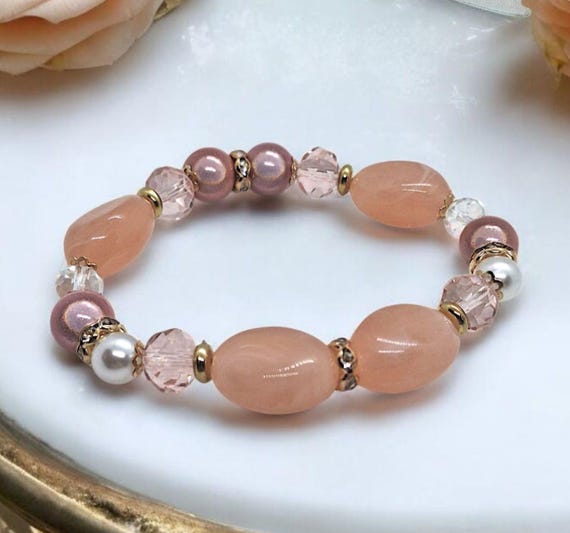 Elegant Gold and Pink Women\'s Bracelet Rhodonite Bracelet | Pink and Gold Beaded Leather Wrap | Treehut main image 2