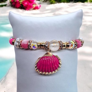 Pink Shell Bracelet Gold – Ocean Summer Jewelry Women – Beaded Bracelet with Shell Charm – Boho Beach Jewelry Gift for Her – Handmade