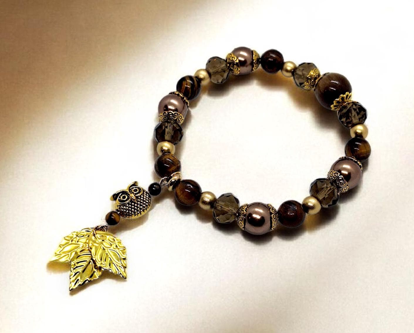 Earthy color beaded Bracelet, with Owl and Leaf Charms, Tiger&rsquo;s Eye beads, nature inspired, me