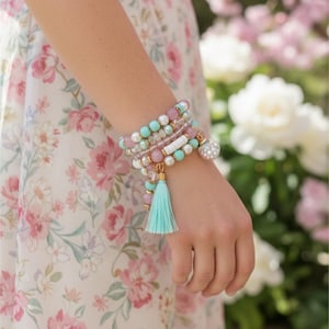 Pastel Multi Layer Bracelet for Women – Pink Mint White Beaded Bracelet with Gold Accents & Tassel – Handmade Boho Summer Jewelry Gift