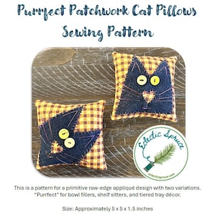 May include: Two square cushions featuring a black cat appliqué on a yellow and brown gingham fabric. The cat faces have yellow button eyes, a heart-shaped nose, and stitched whiskers. The text reads Purrfect Patchwork Cat Pillows Sewing Pattern.