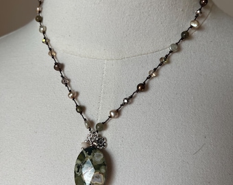 Gorgeous Jasper, gemstone in green and brown and creams with champagne pearls, Jade, chocolate pearls and crystals, Handknotted on a polymer