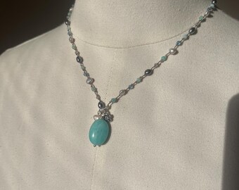 Hand Knotted Amazonite Pendant Necklace, Freshwater Pearl Gemstone