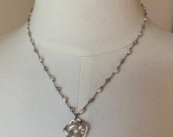 Hand Woven Sterling Silver Pearl Pendant Necklace, Champagne Crystals, 17 inch