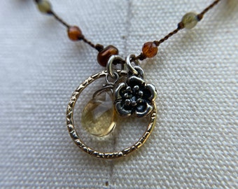 Golden Citrine mixed metal handknotted chocolate Pearl necklace