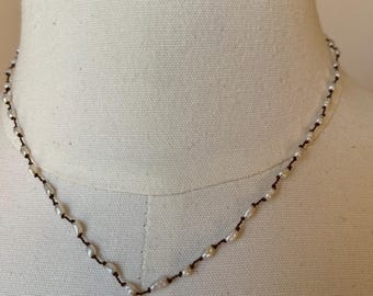 Gold Plated Shell Quadrafoil Necklace, Hand Knotted Freshwater Pearls, 16 inch
