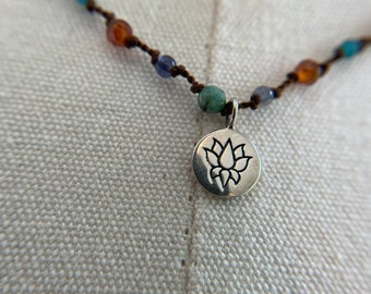 Faceted multicolored gemstone hand knotted necklace with sterling Lotus flower pendant