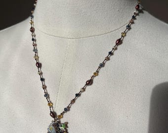 French enamel, Victorian button necklace with chocolate pearls and crystals. 18 inches.