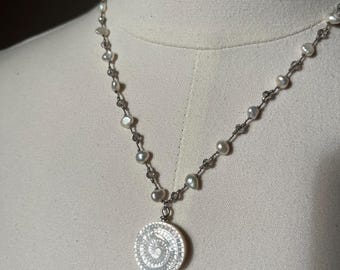 Carved Mother of Pearl Necklace, Freshwater Pearls, Gray Crystals, Hand Knotted