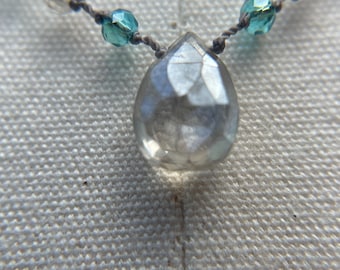 All gemstone hand knotted necklace with teardrop Champagne Quartz centerpiece
