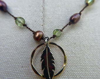 Sterling silver feather and gold filled ring hand knotted necklace