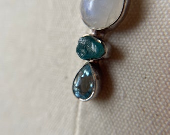 Rainbow moonstone, appetite and blue topaz pendant hand knotted necklace.