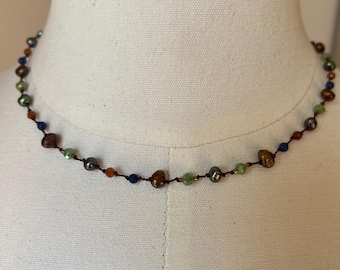 Hand Knotted Pearl Floater Necklace, Lapis Lazuli, Carnelian, Crystal, Boho Style