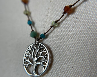 Multi color gemstone hand knotted sterling silver tree necklace