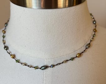 Gold pearls and green freshwater pearls floater necklace 15 inches in length