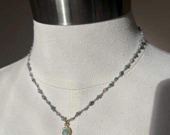 Hand Knotted Necklace, Aquamarine, Labradorite, Peacock Pearls, Crystals, 16 inch