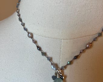 Aquamarine & Keshi Pearl Necklace, Sterling Silver, 16 inch