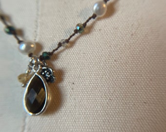 Smoky topaz teardrop pendant hand knotted necklace