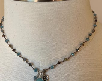 Sky Blue Chalcedony Sterling Silver Flower Necklace, Handknotted Chain