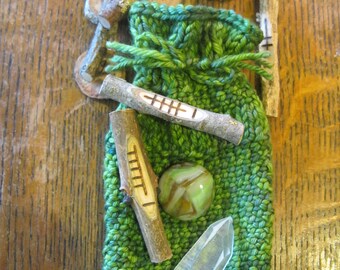 Rune Bag, magical with matching glass button, hand knitted