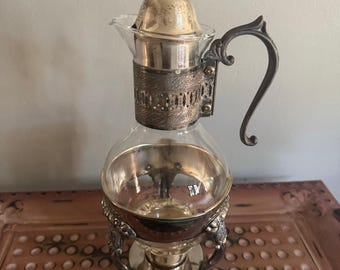 Vintage Glass Tea Server with Metal Warmer Stand – Footed Coffee Carafe with Burner Base – Elegant Serving Piece