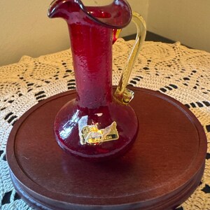 Vintage Pilgrim Glass Ruby Red Miniature Pitcher Amber Handle Art Glass Ewer 4.5 Inch