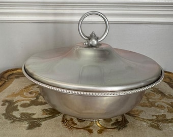 Vintage Buenilum Covered Aluminum Serving Dish, Mid Century Casserole Bowl with Lid, Ring Handle Tureen, Silver Entertaining Serveware