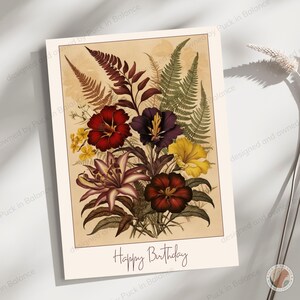 Carte de joyeux anniversaire imprimable vintage fleurs, carte postale de voeux botanique floral numérique, impression bouquet célébration, cadeau de dernière minute pour elle