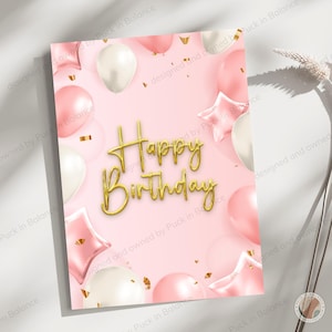 Afdrukbare gelukkige verjaardagskaart, opvouwbare groet, roze gouden esthetiek, minimalistisch modern ballonnenontwerp, elegant decor, doe-het-zelfcadeau voor haar