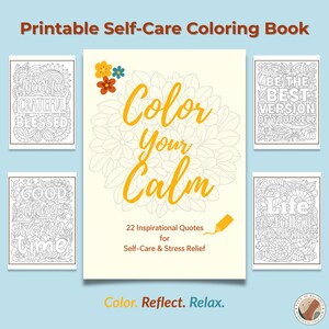 Páginas para colorear de autocuidado, hojas con citas inspiradoras, regalo de salud mental para adultos, afirmaciones positivas, herramienta de atención plena y alivio del estrés.