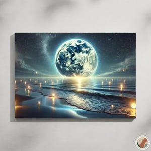 Muurafdruk maanlicht, mystiek uitzicht op de oceaan, reflectie volle maan, celestial room decor, rustig natuurontwerp, meditatiekunst, dromerige nacht