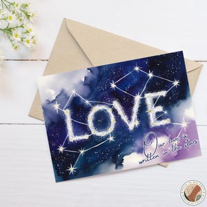Cartão de amor estrelado para impressão, Dia dos Namorados digital romântico, Saudação de aniversário da galáxia, Escrito nas estrelas, Presente celestial para casal, Impressão artística