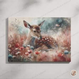 Druckbare Wandkunst, Baby Reh Malerei, Aquarell Wildtiere, Wald Tierdruck, Bauernhaus Dekoration, Rehkitz, Blumenwiese süsser Hirsch