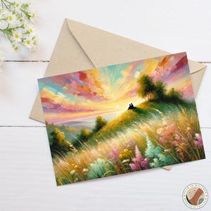 Saludo imprimible, regalo de aniversario, pintura romántica del horizonte, impresión de amor de pareja, sorpresa de San Valentín, amantes del paisaje, arte de vista de ensueño