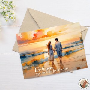 Carte de voeux romantique plage amour, impression d'art couple coucher de soleil sur l'océan, cadeau Saint-Valentin, note d'anniversaire aquarelle bord de mer, message de fiançailles