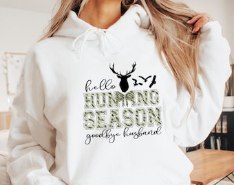 Hello Hunting Season Goodbye Husband Hoodie, Camo Coquette Bow Hoodie, Hunting Season Hoodie, Deer Hunting Hoodie, Girls Camo Bow  Hoodie