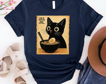 Funny Cat Ramen Shirt, Kawaii Anime Cat Tee, Cute Noodle Cat Graphic Shirt, Japanese Foodie Cat Lover Top