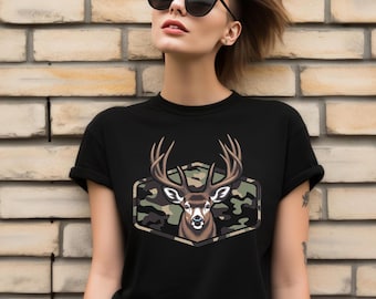 Camo Deer Hunting Shirt, Buck Hunting Tee, Outdoorsman T-Shirt, Hunting Season Top, Rustic Deer Camo Gift Tee