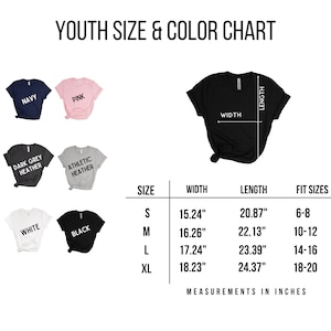 May include: A youth size and color chart with a black t-shirt graphic. The chart displays t-shirt colors: navy, pink, dark grey heather, athletic heather, white, and black. Measurements are in inches, with sizes S, M, L, and XL.