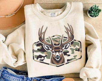 Camo Deer Hunting Sweatshirt, Buck Hunting Pullover, Outdoorsman Crewneck, Hunting Season Sweater, Rustic Deer Camo Gift