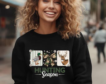 Hunting Season Sweatshirt, Camo Bow Deer Hunting Crewneck, Preppy Duck Hunting Top