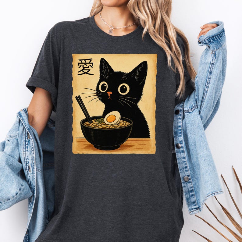 Funny Cat Ramen T-shirt, Kawaii Japanese Anime Cat Graphic Tee, Cute ...